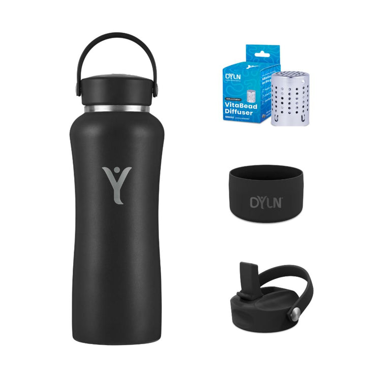 4-Piece Hydration Bundle - Insulated DYLN Bottle, Extra Diffuser, Straw Sports Cap, and Bottom Guard - Black