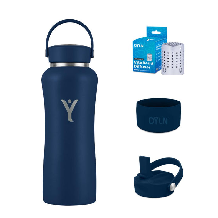 4-Piece Hydration Bundle - Insulated DYLN Bottle, Extra Diffuser, Straw Sports Cap, and Bottom Guard - Galaxy Blue